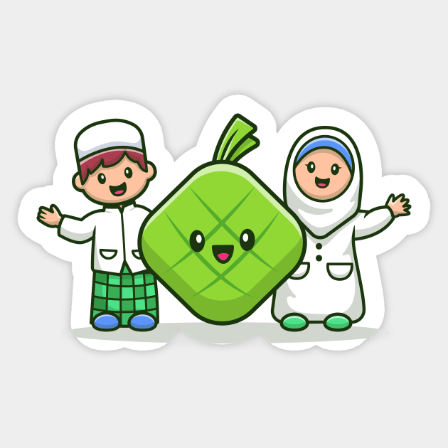 Moslem Couple With Cute Ketupat Cartoon Illustration Sticker by Catalyst Labs